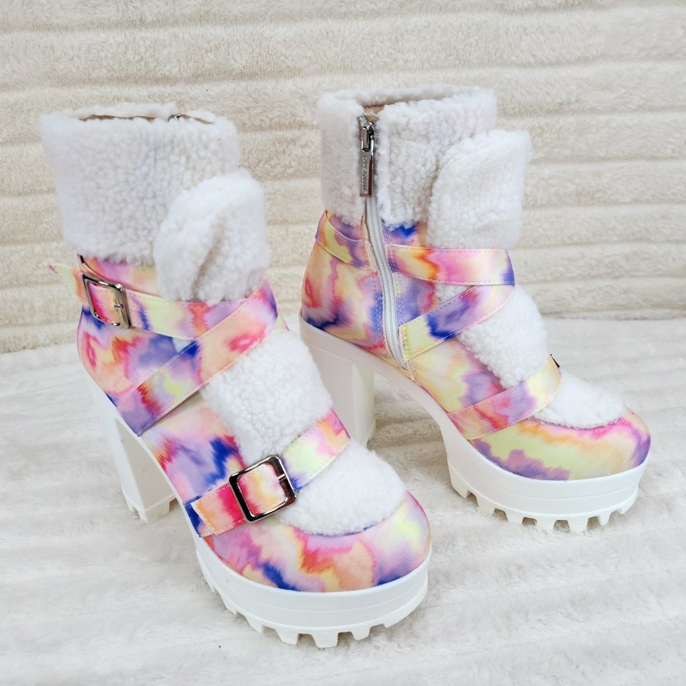 Cape Robbin White Multicolor Tie-Dye Faux Shearling Platform Ankle Boots
